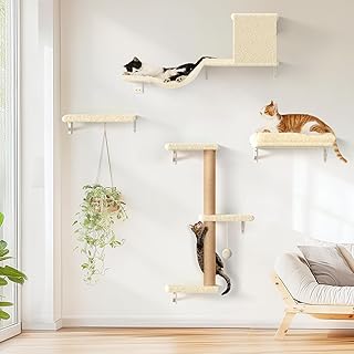 FUKUMARU Cat Wall Shelves, Stable & Safe 4 in 1 Large Cat Walls Furniture Set, Wooden Kitten Climbing Wall with Scratching Post for 16 Inch Drywall