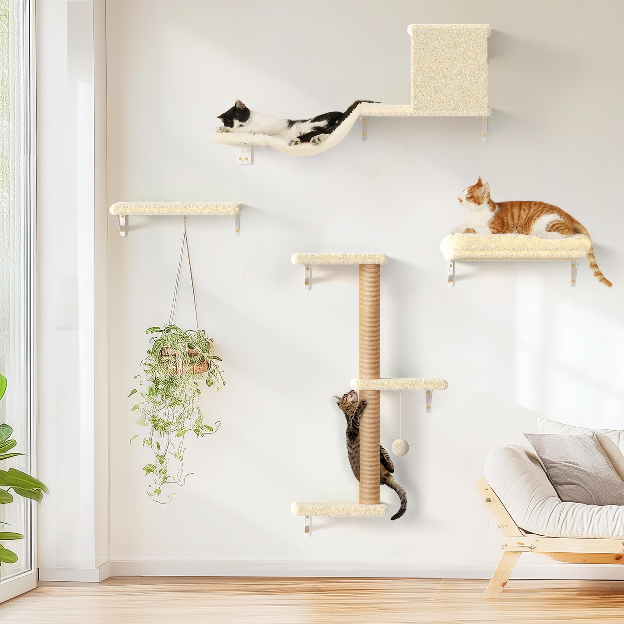 FUKUMARU Cat Wall Shelves, Stable & Safe 4 in 1 Large Cat Walls Furniture Set, Wooden Kitten Climbing Wall with Scratching Post for 16 Inch Drywall -