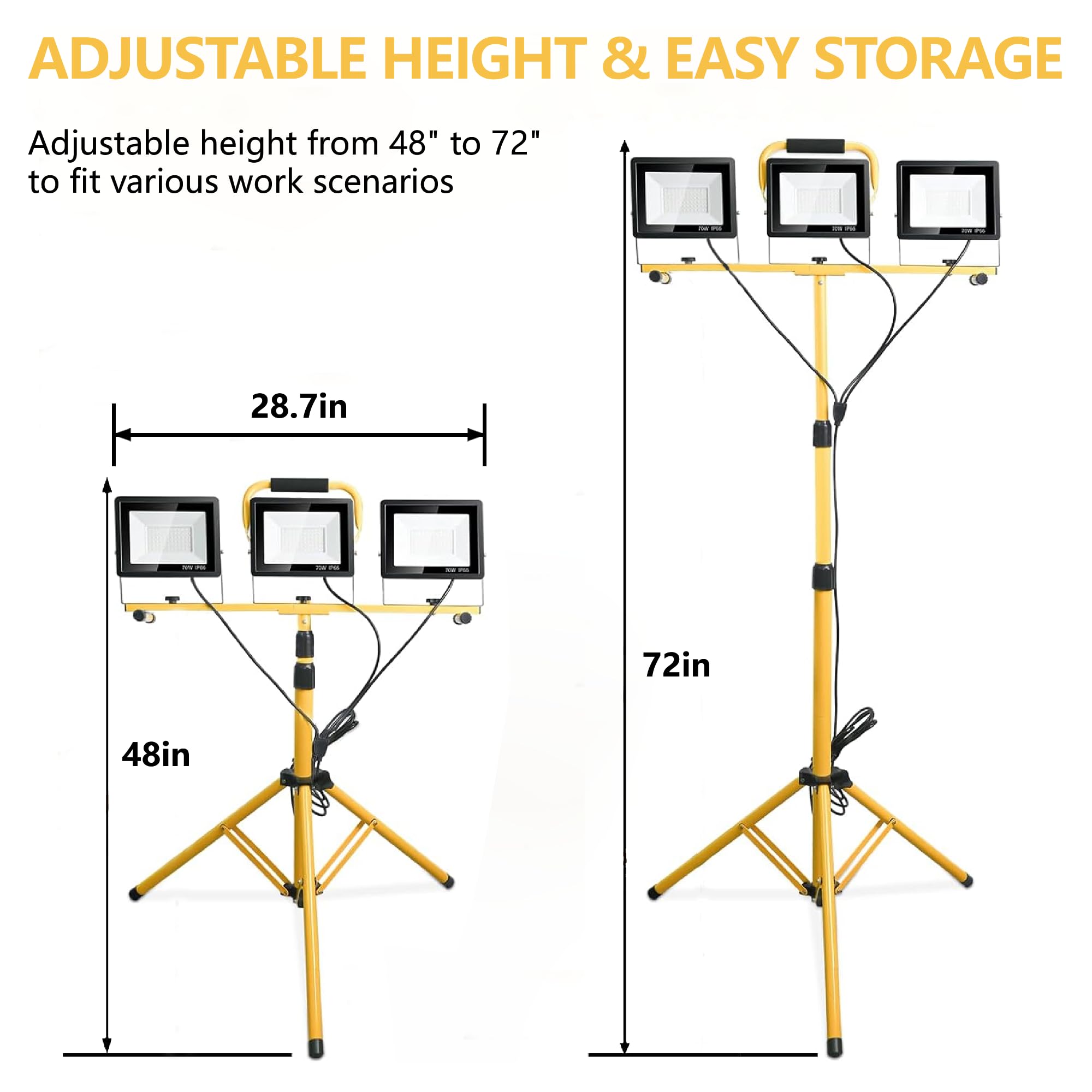 BBTEQEKN 21000 Lumen LED Work Light With Tripod Stand – 3 Adjustable Heads, 6500K Daylight, IP66 Waterproof, 16FT Cord, Foldable Portable Stand