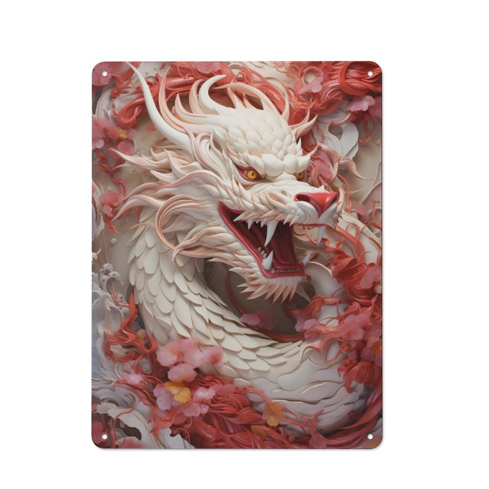 Junmoney Fierce Dragon Red Flowers Metal Plaque 40X30cm With For Pub Or Café, Rustic Decor, For Pub Decor Enthusiasts