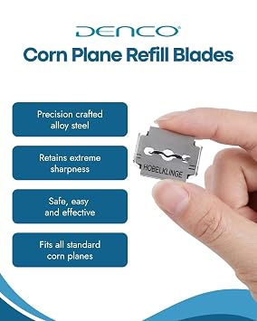 Denco Corn Plane Refill Blades 20 Count Replacement Blades for All Standard Corn Planers, Premium Solingen Steel for Sharp Precision, Callus Removal Pedicure Foot Care Tool Refills