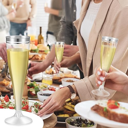 Miniatura 7 de Skylety 100 copas de champán plateadas a granel de 4.5 onzas de plástico transparente para tostar, copas de champán de plástico, copas de mimosa,