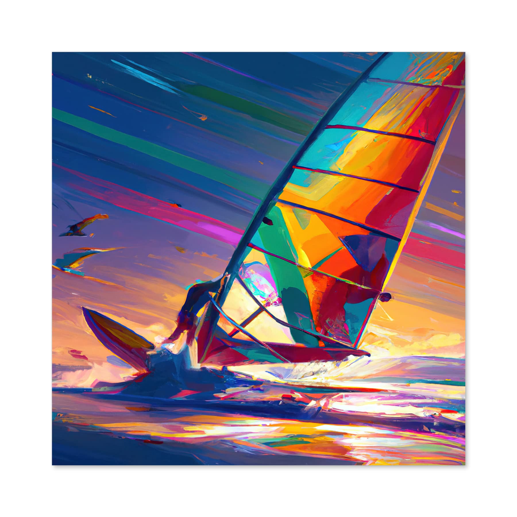 Wee Blue Coo Windsurfer Windsurfing Retro Vibrant Multicoloured Bright Watercolour Water Sport Large Wall Art Poster Print Thick Paper 24X24 Inch