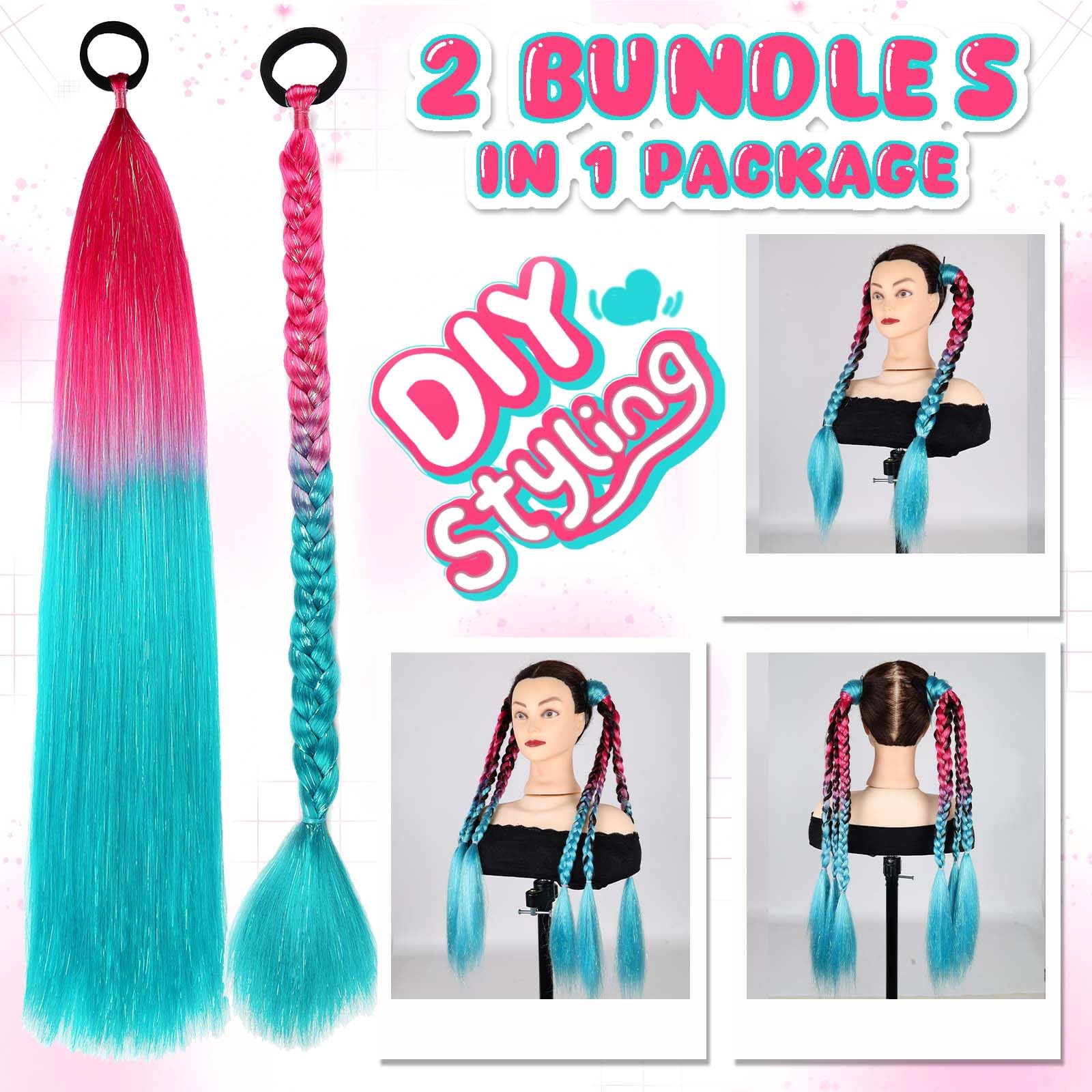 JIAMEISI Rainbow Ponytail Extensions with Hair Tie 2 Packs 50g/Pack Synthetic Coloured Hair Extensions for Braiding 24 inch Colorful Ombre Mermaid Pony Tail for Girl Women #S22 - Image 4