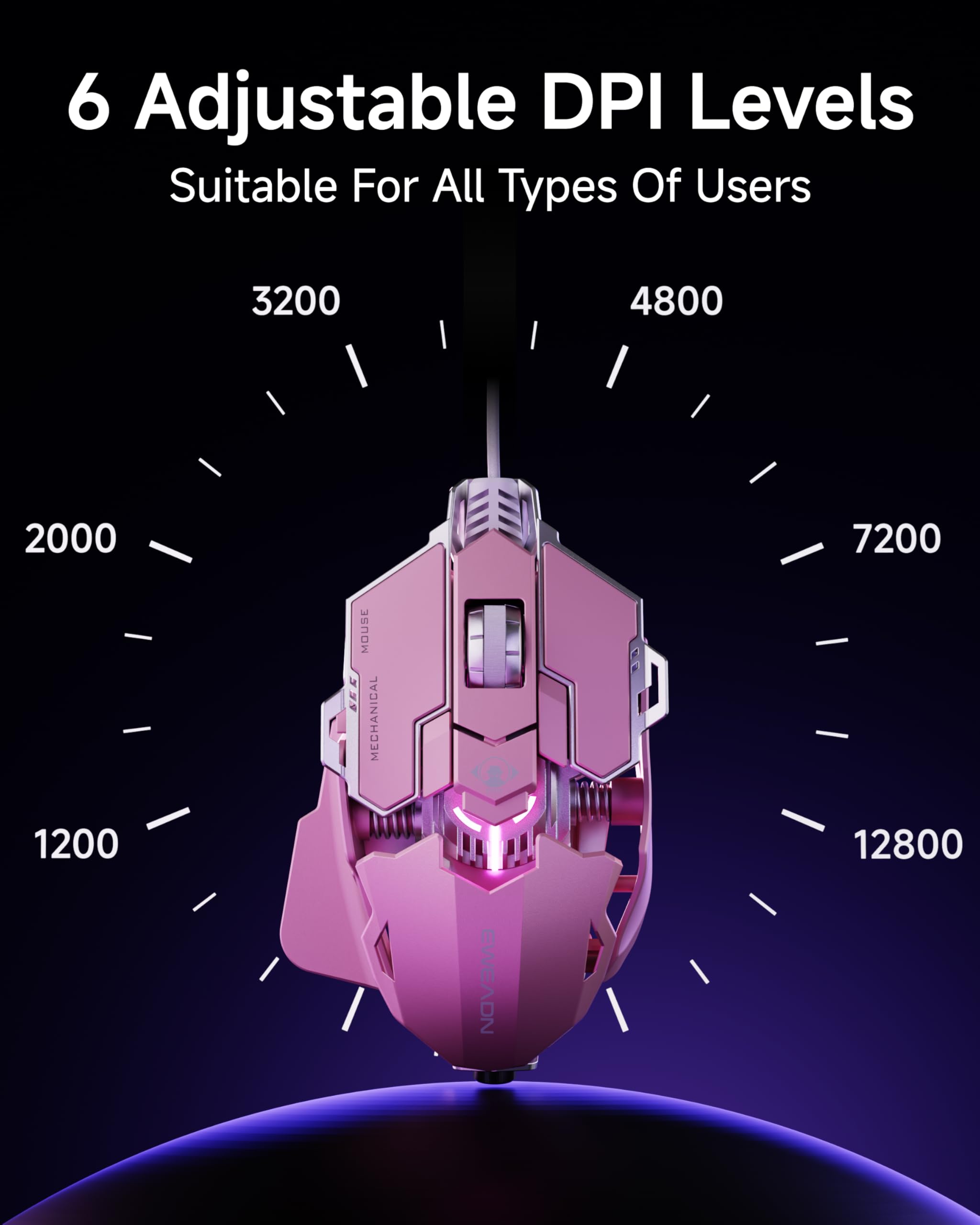 SEUNKWANG EWEADN G5 Mouse da gioco cablato, mouse ergonomico RGB per computer, DPI regolabile 12800, 9 pulsanti macro programmabili con tasto Rapid Fire, compatibile per PC/laptop/Windows, rosa