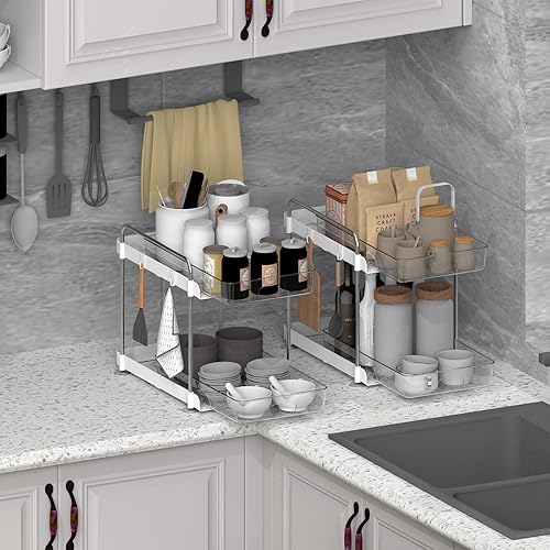 Miniatura 2 de Alwytlon 2 juegos de organizadores extraíbles de 2 niveles para debajo del fregadero, organizador de gabinete de baño deslizante con ganchos,