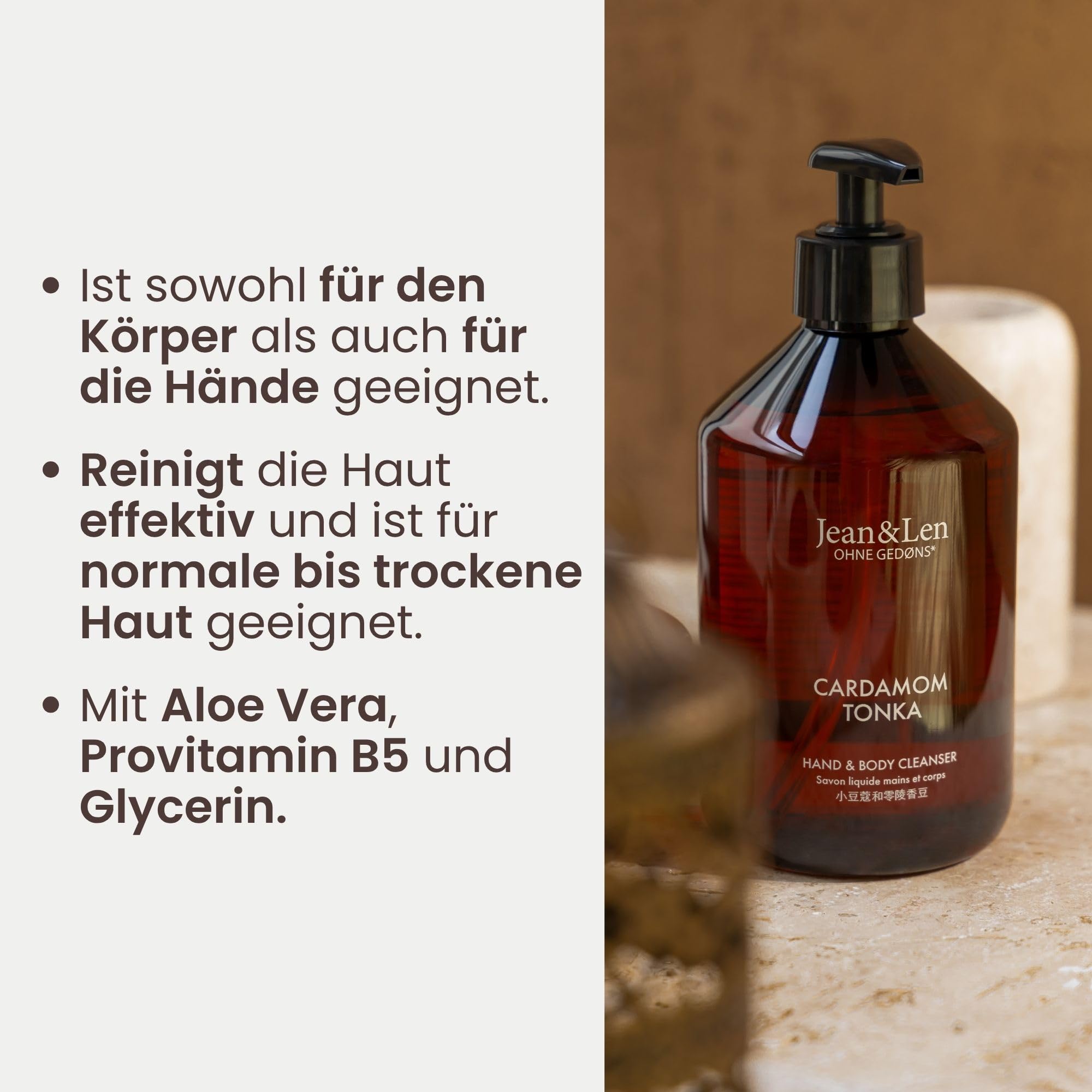 Jean & Len Hand & Body Cleanser Cardamom & Tonka im Nachfüllbeutel, für ein duftendes Reinigungserlebnis, exotisch-würziger Duft, Flüssigseife im Nachfüllpack, vegan, 1,5 L