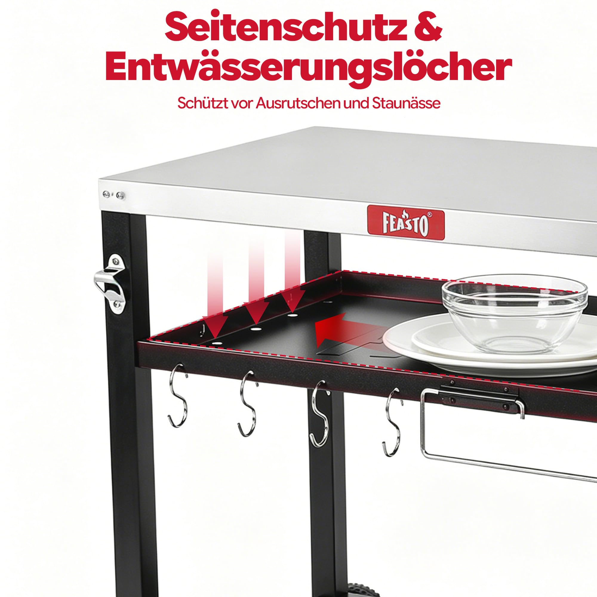 Feasto Grillwagen Outdoor 3 Etagen, Multifunktionaler Grilltisch mit Edelstahlplatt, Griff, Rollen, Ideal für Küche, Terrasse, Balkon und Buffet, 95x64x84cm, Schwarz