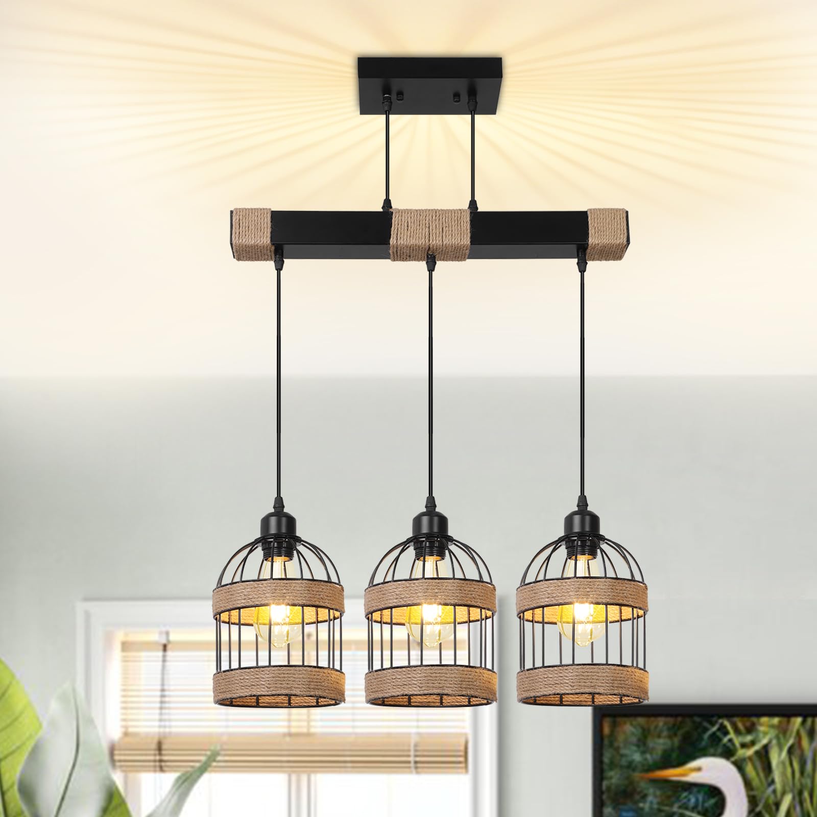 Pendelleuchte Esstisch 3-Flammig Höhenverstellbar,Schwarz Hängelampe Vintage mit Eisenkäfig,E27 Hanfseil Hängeleuchte Esstischlampe Hängend für Küche,Wohnzimmer,Esszimmer,Café