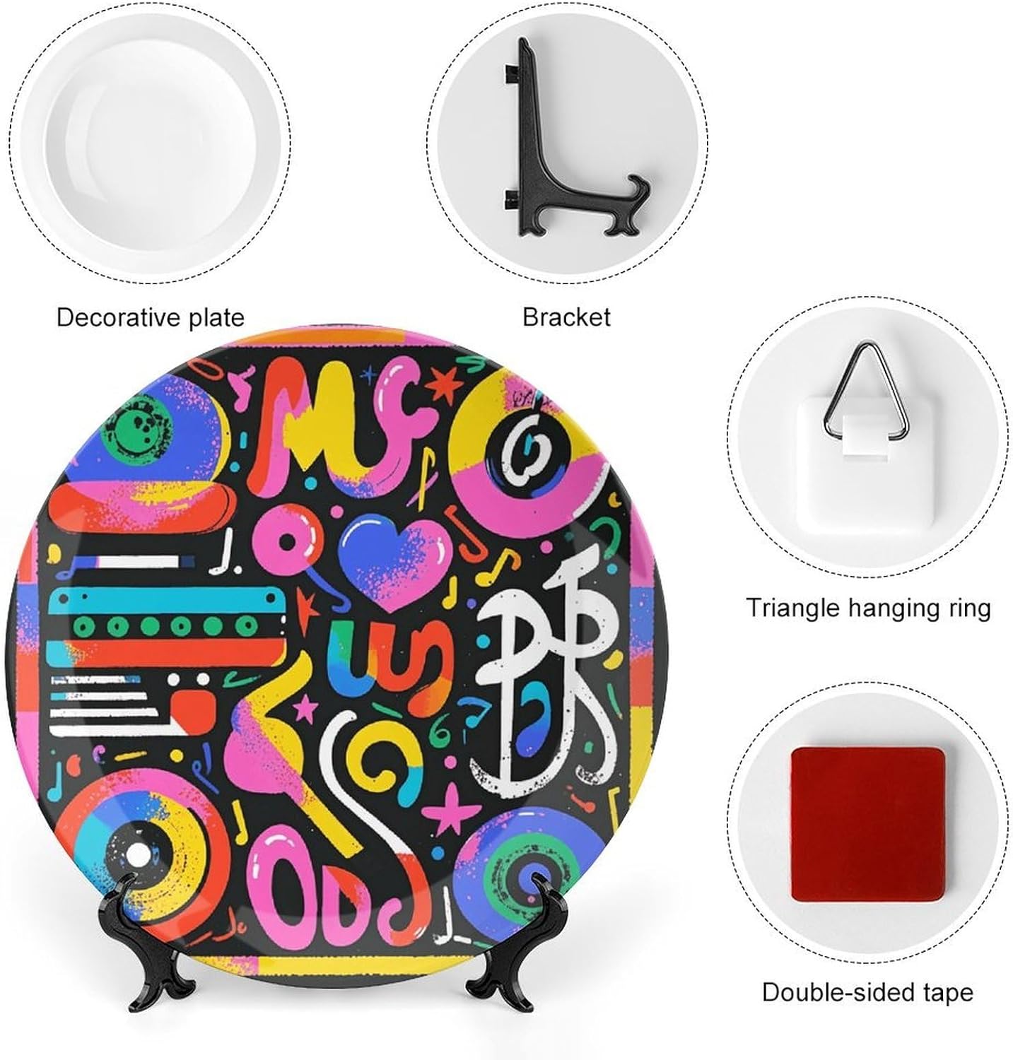 Music Graffiti Style Ceramic Plate 10inch Decorative Bone China Wall Hanging Ornament Plates Bohemian Style Dinner Plate with Display Stand Cabinet Display Plates for Home Art Decor