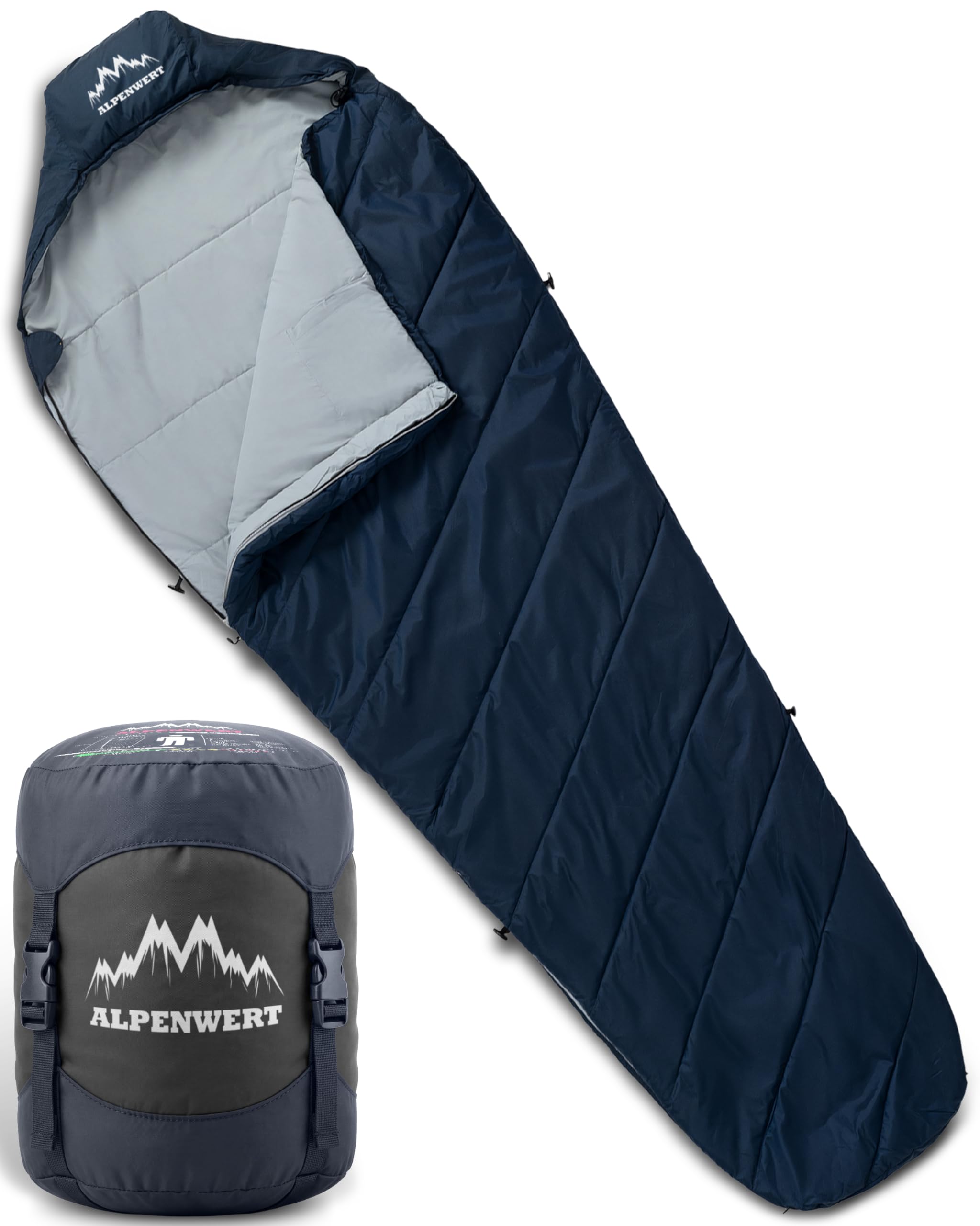 ALPENWERT® Schlafsack Sommer Ultraleicht & klein [17x27cm Packmaß] – Wasserabweisend, YKK Reißverschluss, Kältebrücke & Einklemmschutz – Perfekt für Camping & Festival