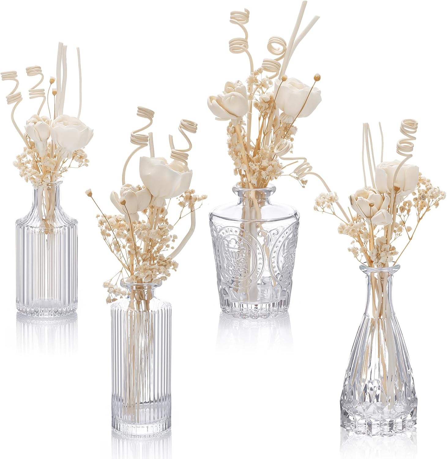 4 Pcs Reed Diffuser Set 4 Styles 5.1 oz Empty Bottles and 36 Empty Bottles with Baby's Breath High-end and Beautiful for Bedroom Bathroom Home and Office Decor