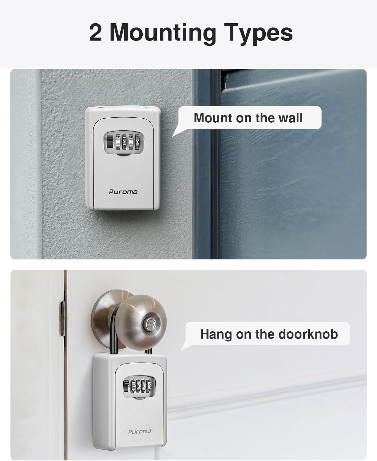 Puroma Key Lock Box Large with Code Lockbox Outdoor Wall Mount 1 Silver | Resettable Combination, For Guest Realtor & House Outside, High-capacity, Hold 5 Keys, Portable, Doorknob, Weatherproof