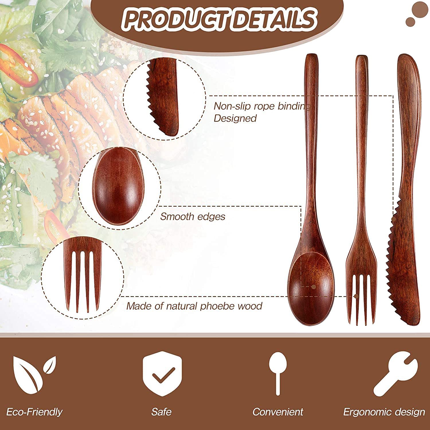 Juego de Cubiertos de Cuchillo de Tenedor de Cuchara de Madera de 15 Piezas, Juego de Utensilios de Cena de Madera, Juego de Cubiertos de Vajilla de Cocina de Madera