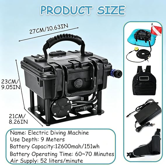 Tankless Underwater Breathing Device, 52L/Min Scuba Diving Equipment Respirator with 9m Hose, 50-70min Endurance for Underwater Exploration Red-1Battery