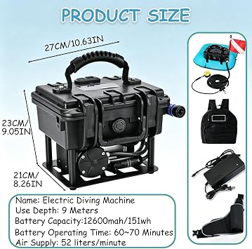 Tankless Underwater Breathing Device, 52L/Min Scuba Diving Equipment Respirator with 9m Hose, 50-70min Endurance for Underwater Exploration Red-1Battery