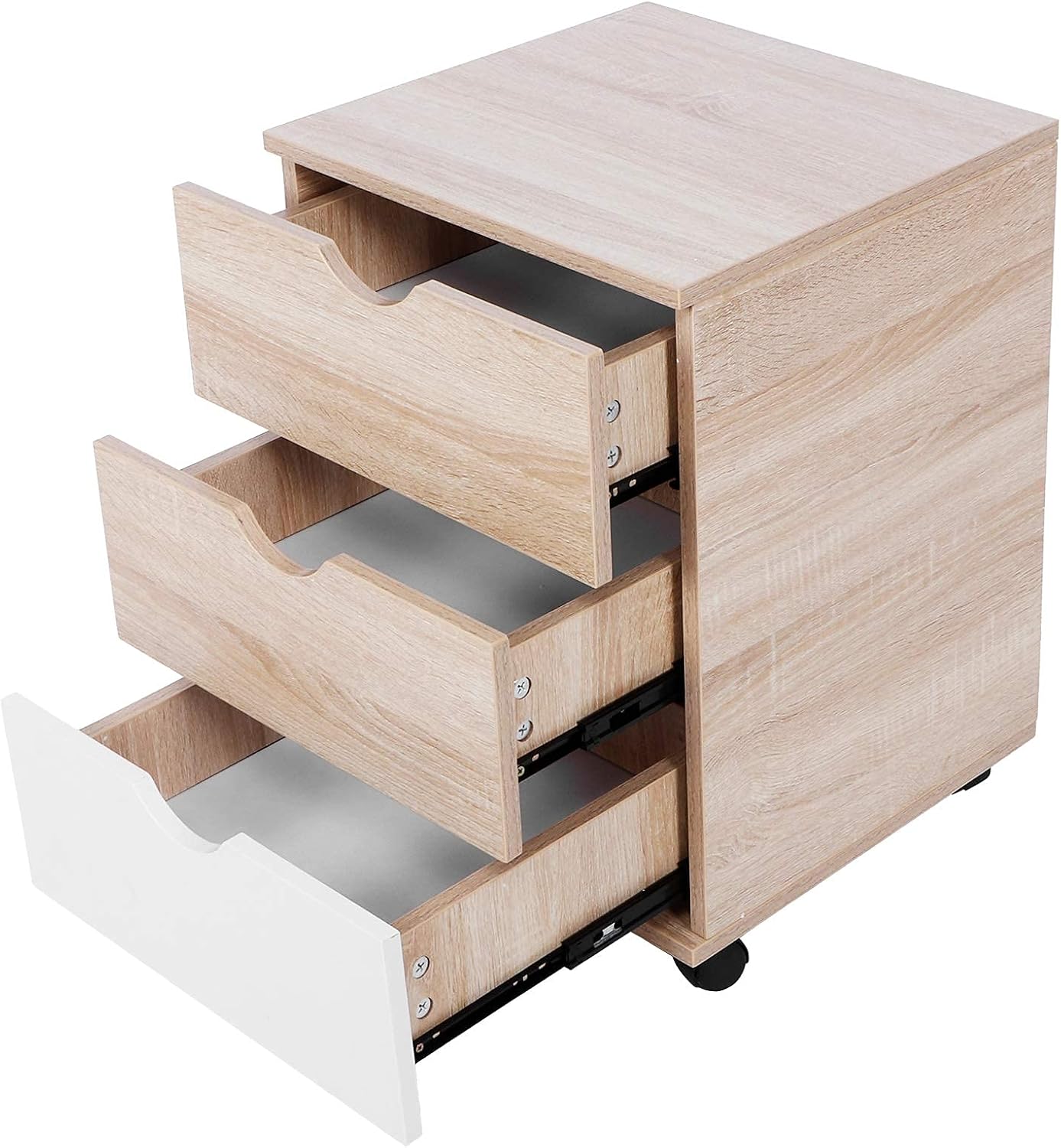 Wooden Bedside Table on Rolling Wheels, Movable Nightstand Sofa Side Table Multifunctional Modern End Table with 3 Drawers for Home Living Room Bedroom Study Room Household, 15.7 x 15.7 x 22.4in