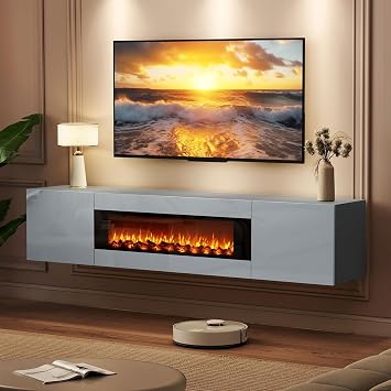 BREEZEHEAT 70 Floating TV Stand with Log Fireplace, High Glossy, Grey | Wall Mounted Entertainment Center, For TVs Up to 80", Media Console for Living Room, Remote Control