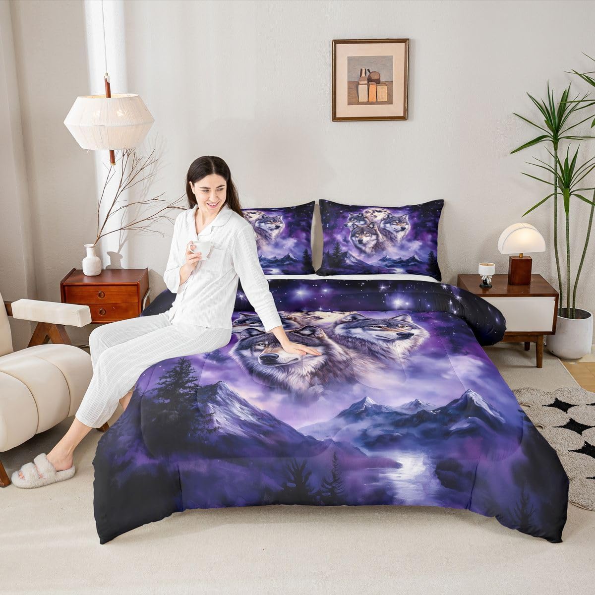 Feelyou Wolf Bedding Set Soft for Boys Girls, Night Galaxy Starry Wolf Comforter Set Queen Size Wild Animals Duvet Quilt Microfiber Mountain Moon Bedroom Decor 3 Pcs with 2 Pillow Cases