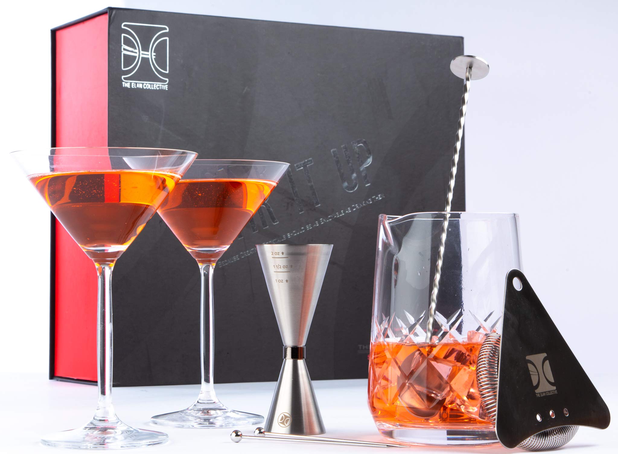The Elan Collective Stir it Up Martini Cocktail Set I 8 Piece Barware Kit - Includes 750ml/25oz Yarai Style Stirring Glass, 2-9 oz Martini Glasses, Hawthorne Strainer, Bar Spoon, and 2 Picks