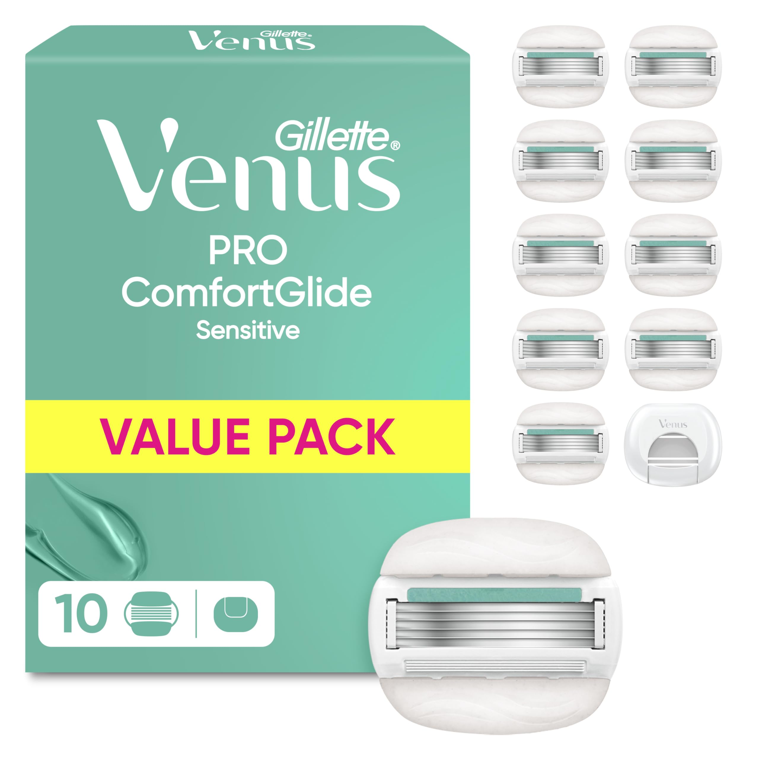 Gillette Venus Pro ComfortGlide Sensitive Razor Blade Refills for Women, 10 Count - Aloe Vera Moisture Bars, Smooth Close Shave, Sensitive Skin Comfort, Includes Blade Cover