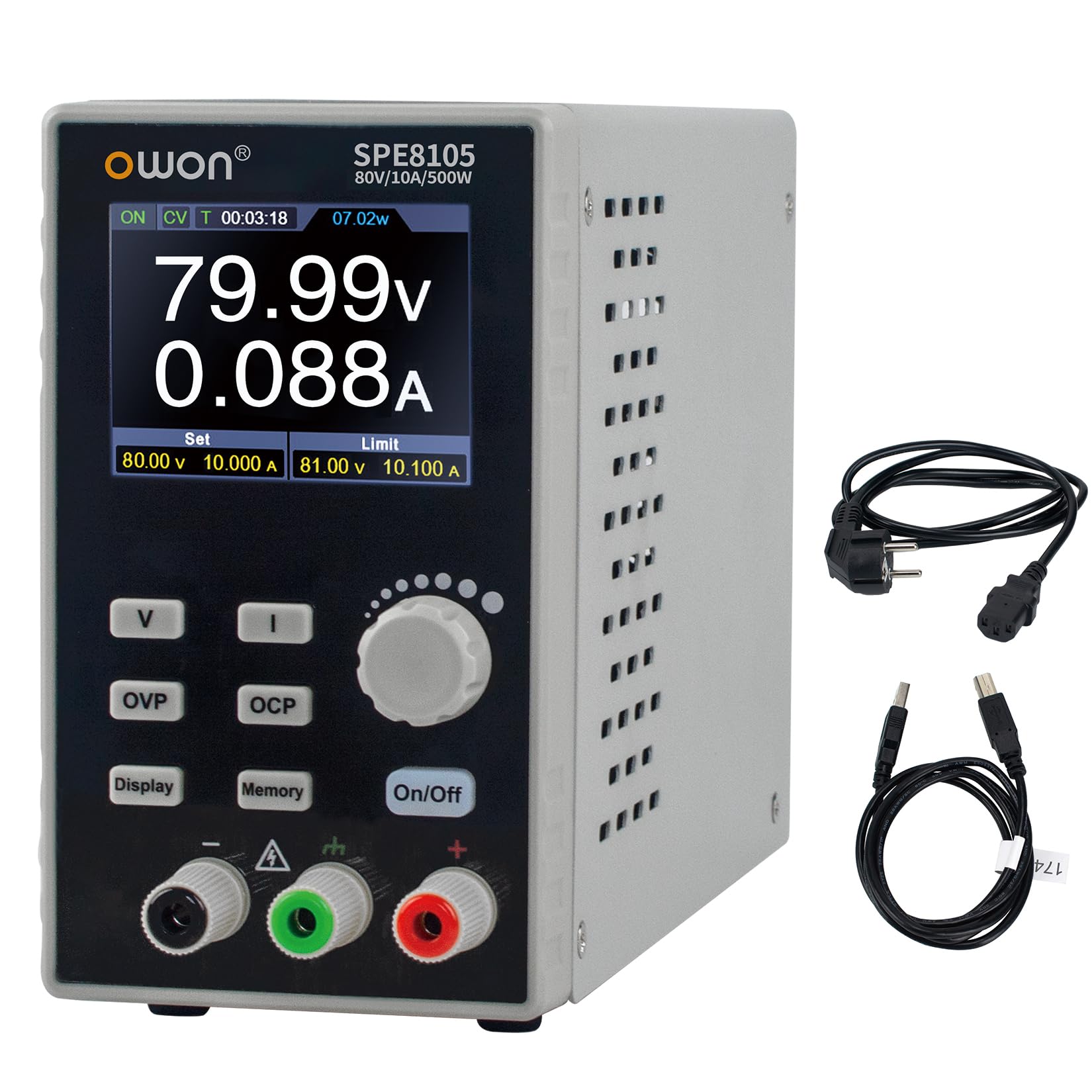 OWON Alimentatore da laboratorio (0-80 V, 0-10 A), alimentatore DC programmabile con potenza di uscita max. 500 W, display LCD da 2,8 pollici e pulsante di attivazione/disattivazione uscita SPE8105
