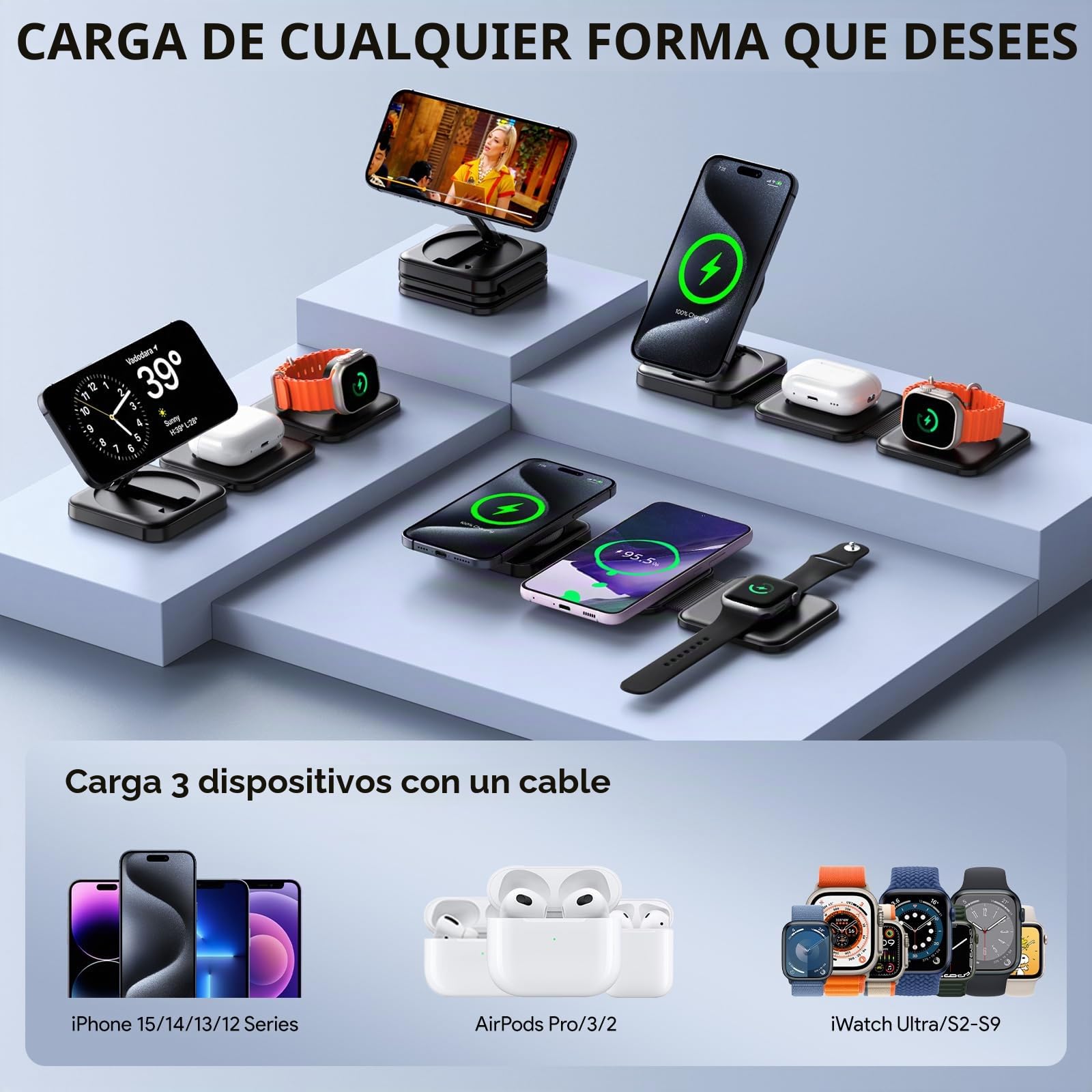 Cargador inalámbrico, 3 en 1 Caricatore Wireless per iPhone 14/13/12 Series, iWatch 8/7/6/SE/5/4/3/2, AirPods 3/2/Pro(Adattatore Include)
