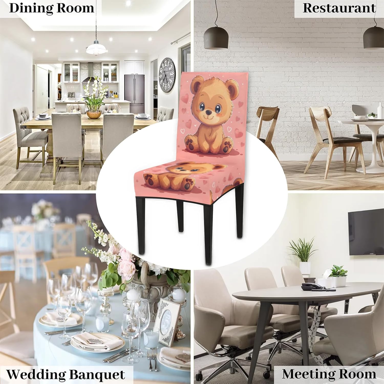 QsirBC Cute Bears Lovers Stretch Dining Room Chair Covers Set of 6 Chair Slipcovers Removable Washable Kitchen Seat Covers Chair Protectors for Hotel Party Wedding