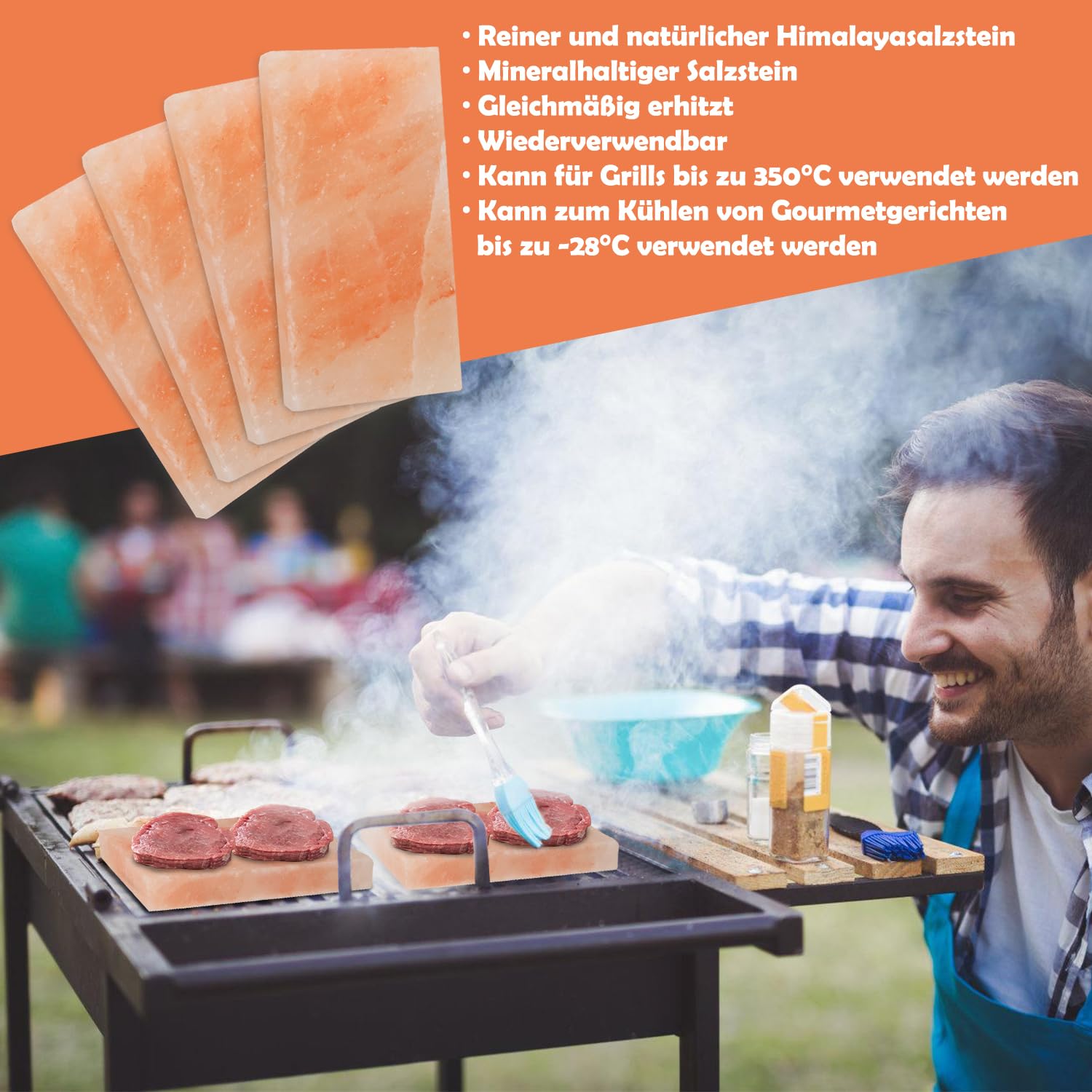 4 Pietre Di Sale Per Grigliare 30x20x3 Cm - Con Piastra In Ferro, Riutilizzabili, Per Barbecue Sano - Foto 3
