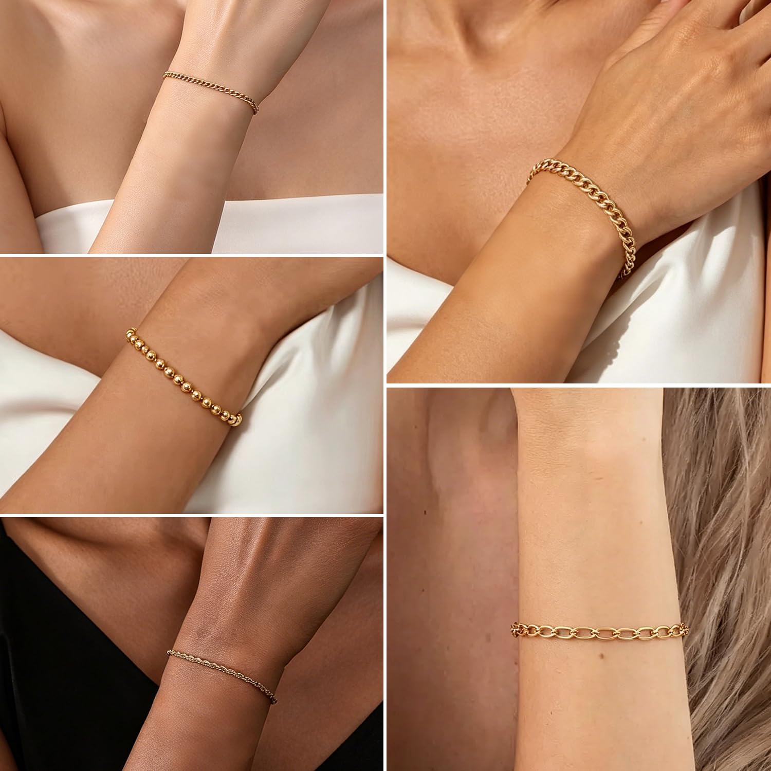 Gold Bracelet for Women Waterproof, 14K Gold Plated Stackable Link Bracelet Set Adjustable Paperclip Chain Cuban Rope Layered Jewelry Sets for Womens Mom Mother's Day Fashion Accessories