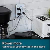 Vista 6 de Philips 6 enchufes extensores con protector contra sobretensiones, paquete de 2, toma de pared, 900 julios, 3 puntas, diseño que ahorra espacio, luz