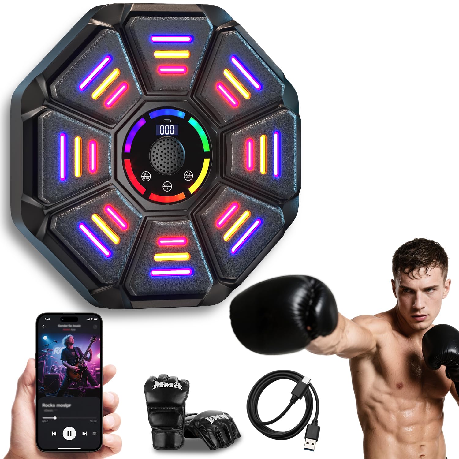 Music Boxing Machine, 8 Targets Boxautomat mit Boxhandschuh, 9 Geschwindigkeit und 9 Modi, Led Licht mit Smart Bluetooth Für Erwachsene und Kinder Übung
