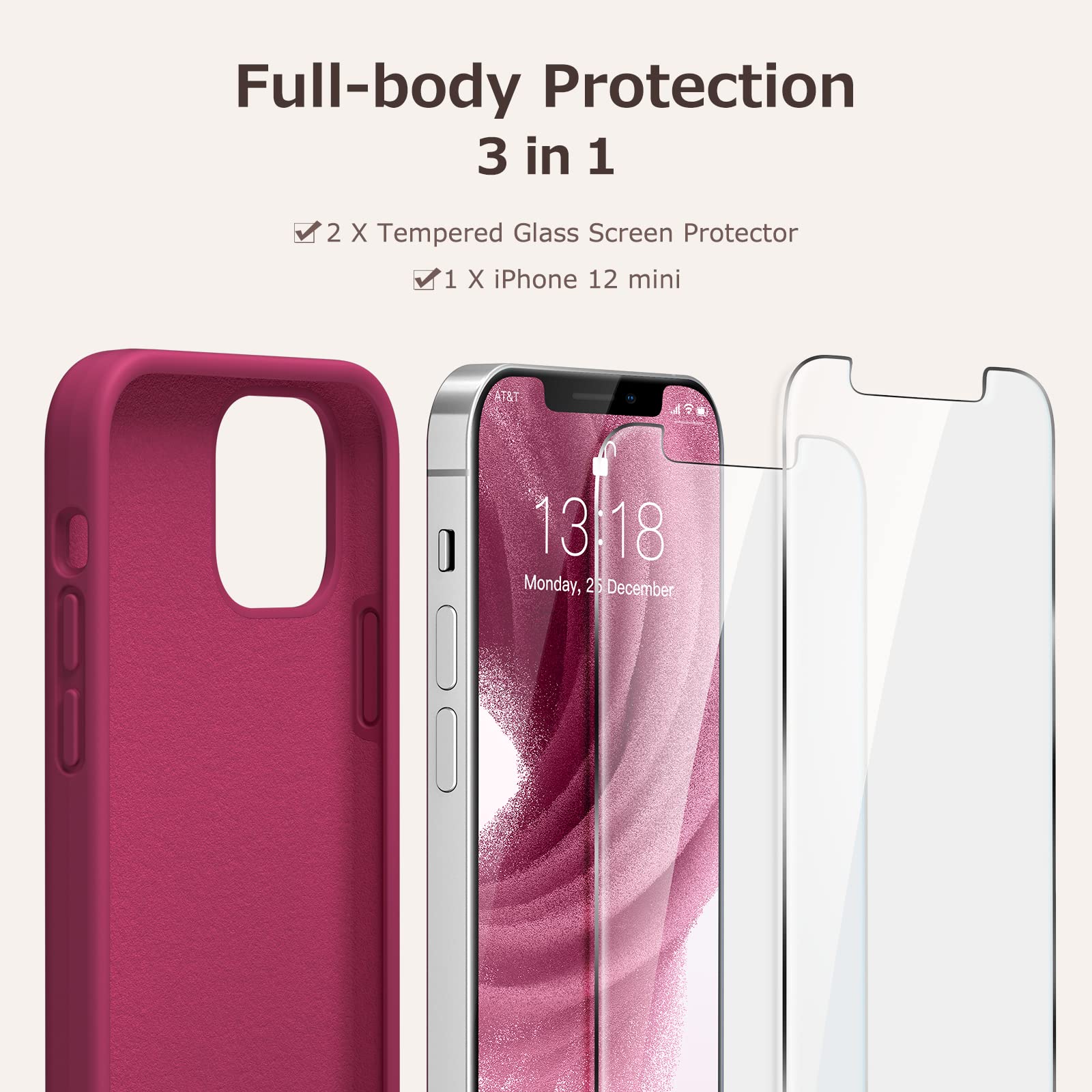 GOODVISH 3 in 1 Cover in Silicone per iPhone 12 Mini 5,4", con 2 Pezzi di Pellicola Protettiva, Silicone Liquido Custodia per Cellulare con Morbida Microfibra Antiurto,Rosa Rossa