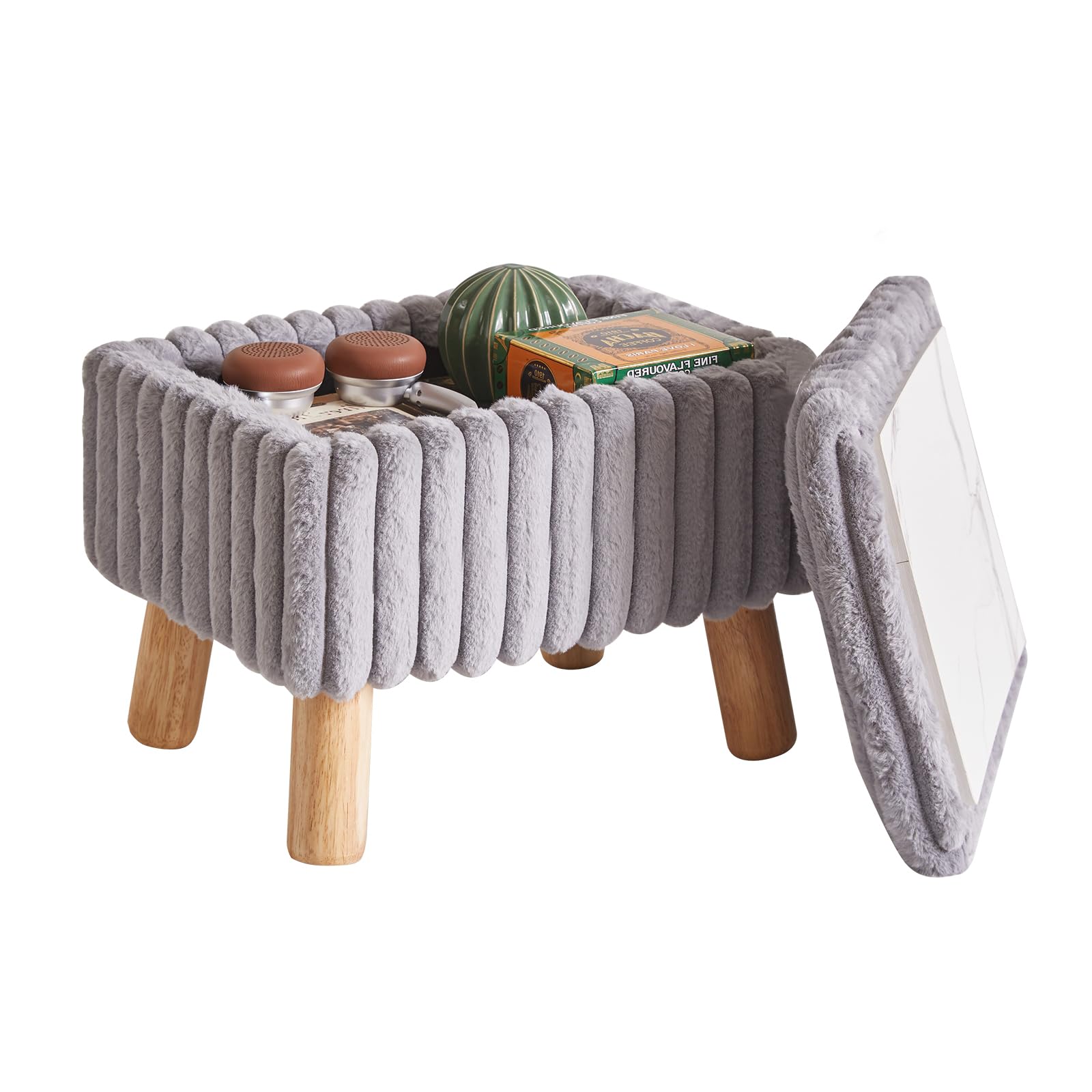 Aibiju Taburete Pequeño, Otomana de Terciopelo con Patas de Madera, Reposapiés Otomana, Asiento Adicional, Mesa Pequeña para Sala de Estar, Dormitorio, Recibidor, Gris YD-JD152G