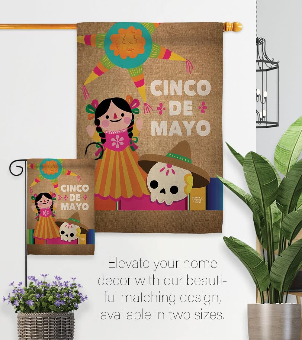 Cinco de Mayo Day House Flag - Summer Mexican Fiesta Party Cactus PinataOutdoor Summertime Sunny - Decoration Banner Small Garden Yard Gift Double-Sided Made in USA 28 X 40