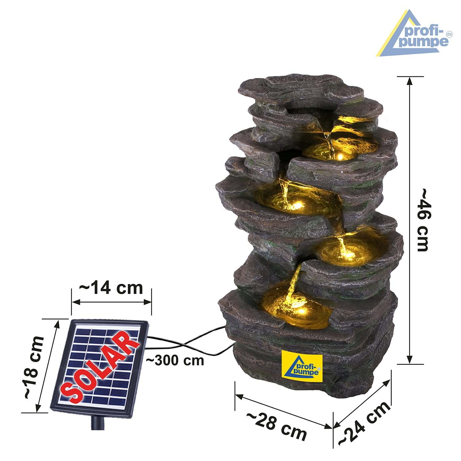 Solar Gartenbrunnen Brunnen Solarbrunnen Zierbrunnen Wasserfall Gartenleuchte Teichpumpe für Terrasse, Balkon, mit Pumpen, mit Liion-Akku & Led-Licht (KÖNIGS-FELS)
