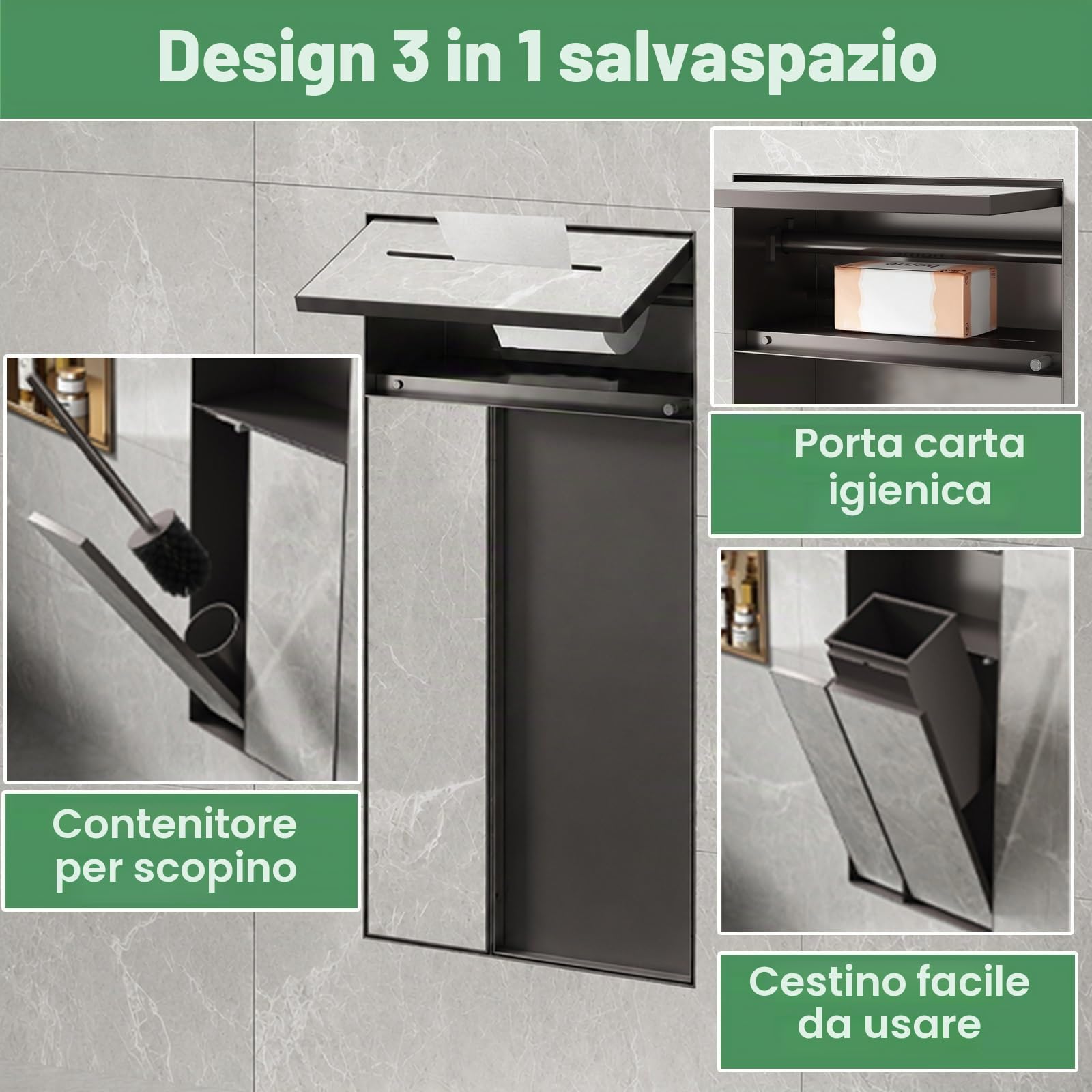 ZAQYCM Nicchia doccia incasso Porta Rotolo Di Carta Igienica A Parete Con Vano Porta Spazzolino, Cestino Impermeabile Per Bagno Per Hotel E Ristoranti, Incasso In Nicchia Per Piastrelle(White)