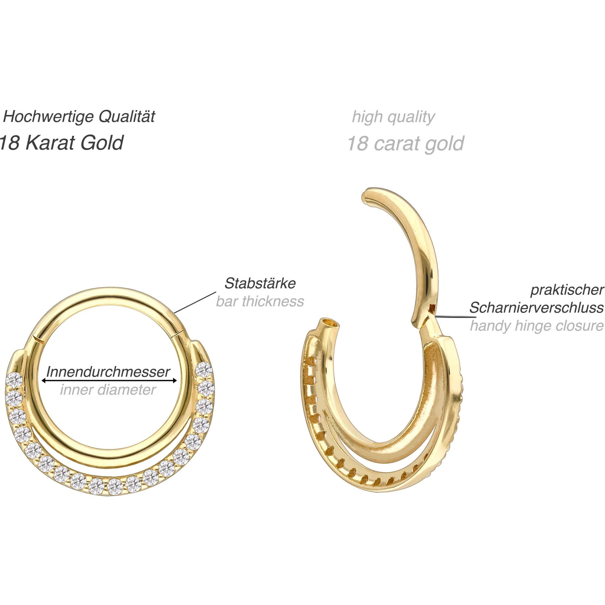 PIERCINGLINE Piercing Ring 18 Gold Segmentring Clicker EINGEFASSTE MOISSANITE + 2 RINGE 750er Gold - Goldfarben