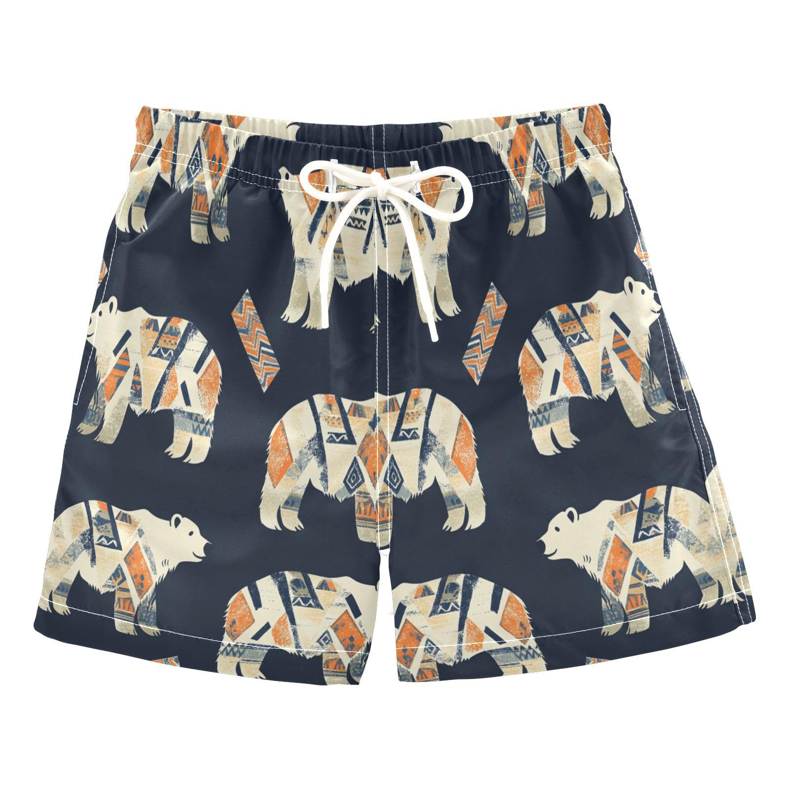 Jucciaco Boys Swim Trunk Quick Dry Beach Board Shorts White Bear Animal Ethnic Swimwear for Kids