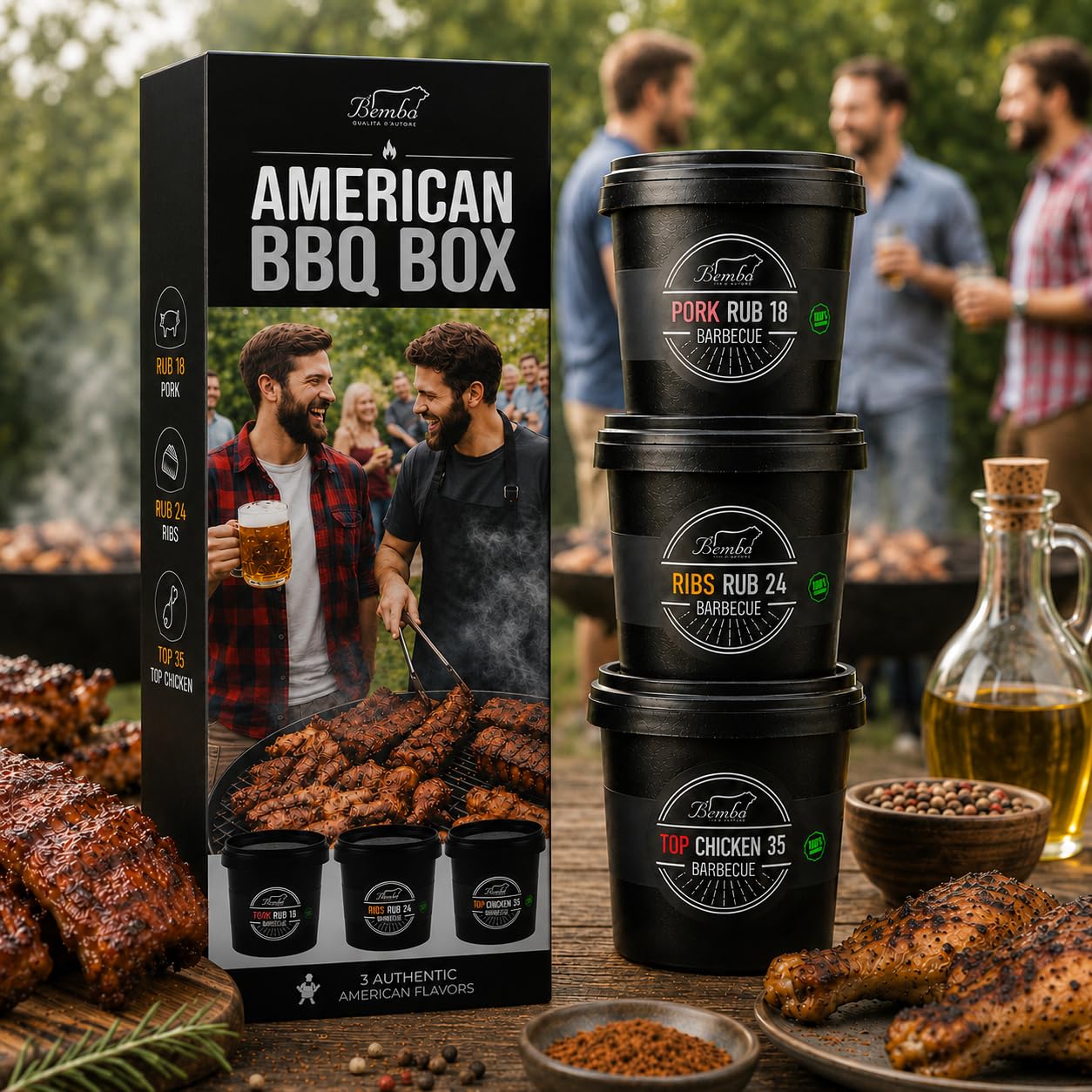 American BBQ Box Bembo – Set 3 Rub BBQ Premium per Chicken (100 g), Ribs (100 g) e Pork (100g) – Spezie Barbecue Americano per Pollo, Costine e Maiale – Kit BBQ per Griglia e Forno