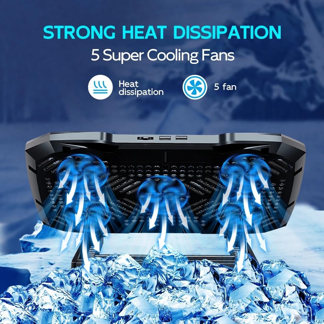 Laptop Cooler podstawka pod laptopa Podkładka chłodząca do laptopa 5 dużych wentylatorów do 10-17-calowej chłodziarki do notebooka do gier, z 5 regulacją wysokości, 2 portami USB
