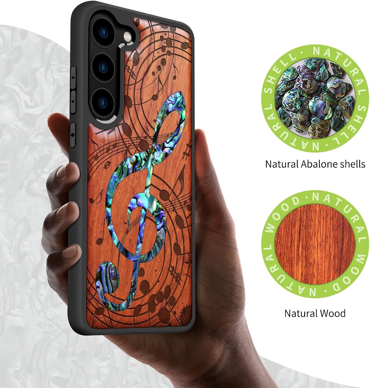 Carveit Designer Wooden Case for Samsung Galaxy S23 Cover [Wood Engraving & Shell Inlay] Unique Wood Phone Case Compatible with Wireless Chargers Galaxy S23 Case (Musical Note-Rosy)