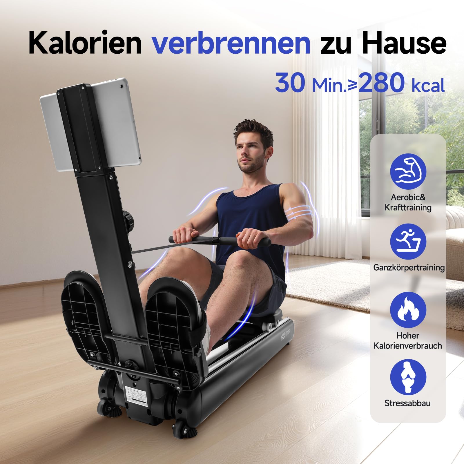 YPOO Rudergerät für Zuhause, Leises magnetisches Rudergerät, mit 16 Widerstandsstufen und doppelter Gleitschiene – Belastbarkeit bis 150 kg, mit LCD-Display, gepolstertem Sitz und App-Unterstützung