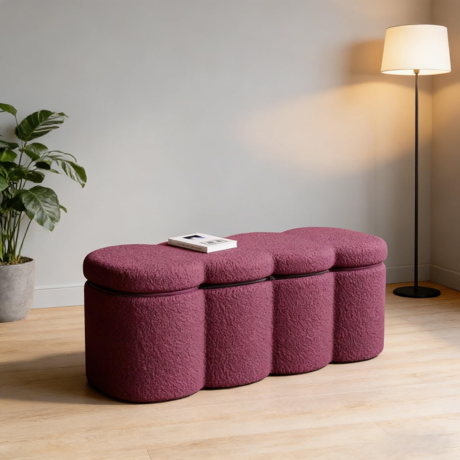 Banc de rangement coffre bout de lit en tissu bouclé violet pour assise de salon