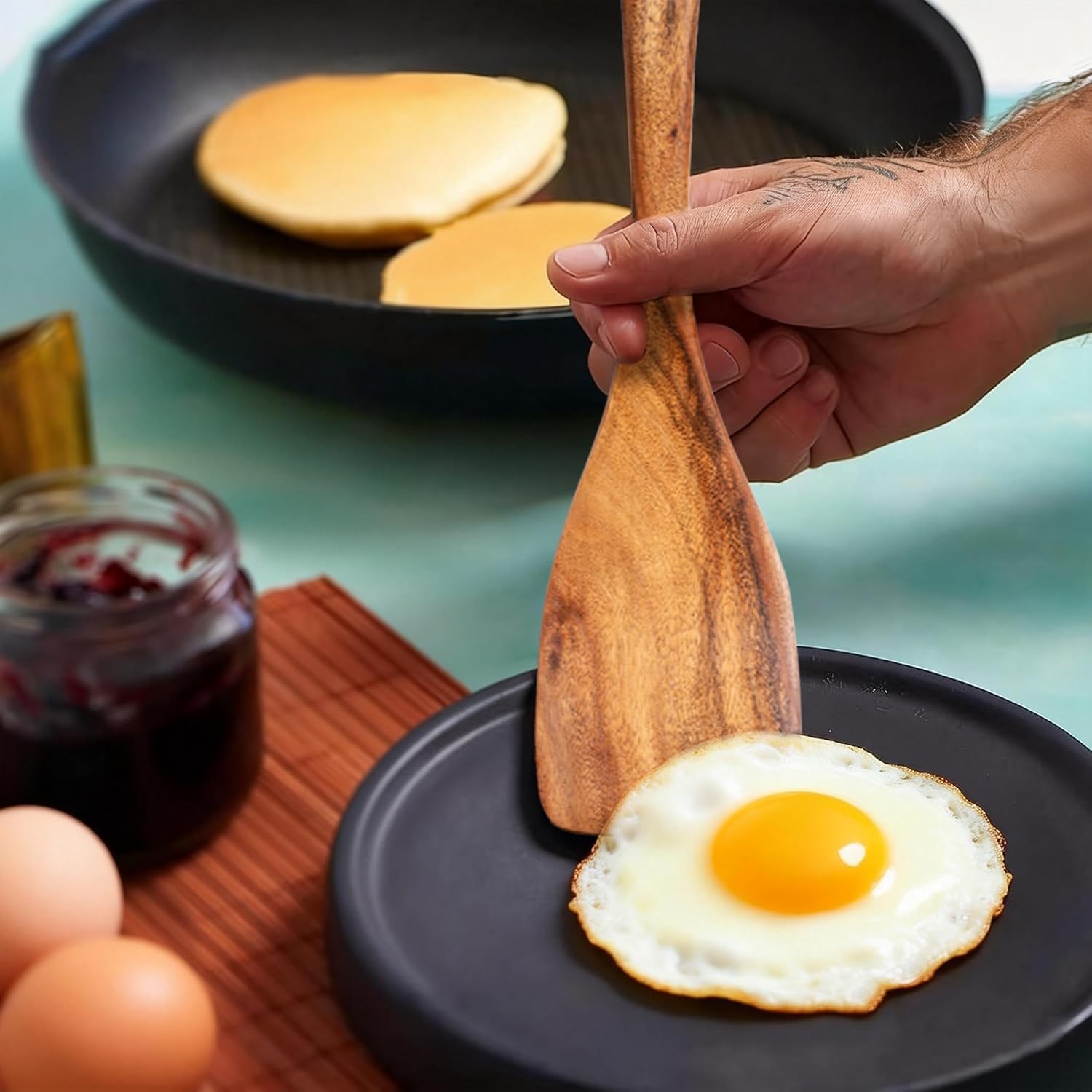 Premium Teak Wood Cooking Utensils Set - 10 Piece Natural Wooden Spoons for Cooking, Heat Resistant & Non-Scratch Kitchen Tools with Ergonomic Handle for Non-Stick Pans