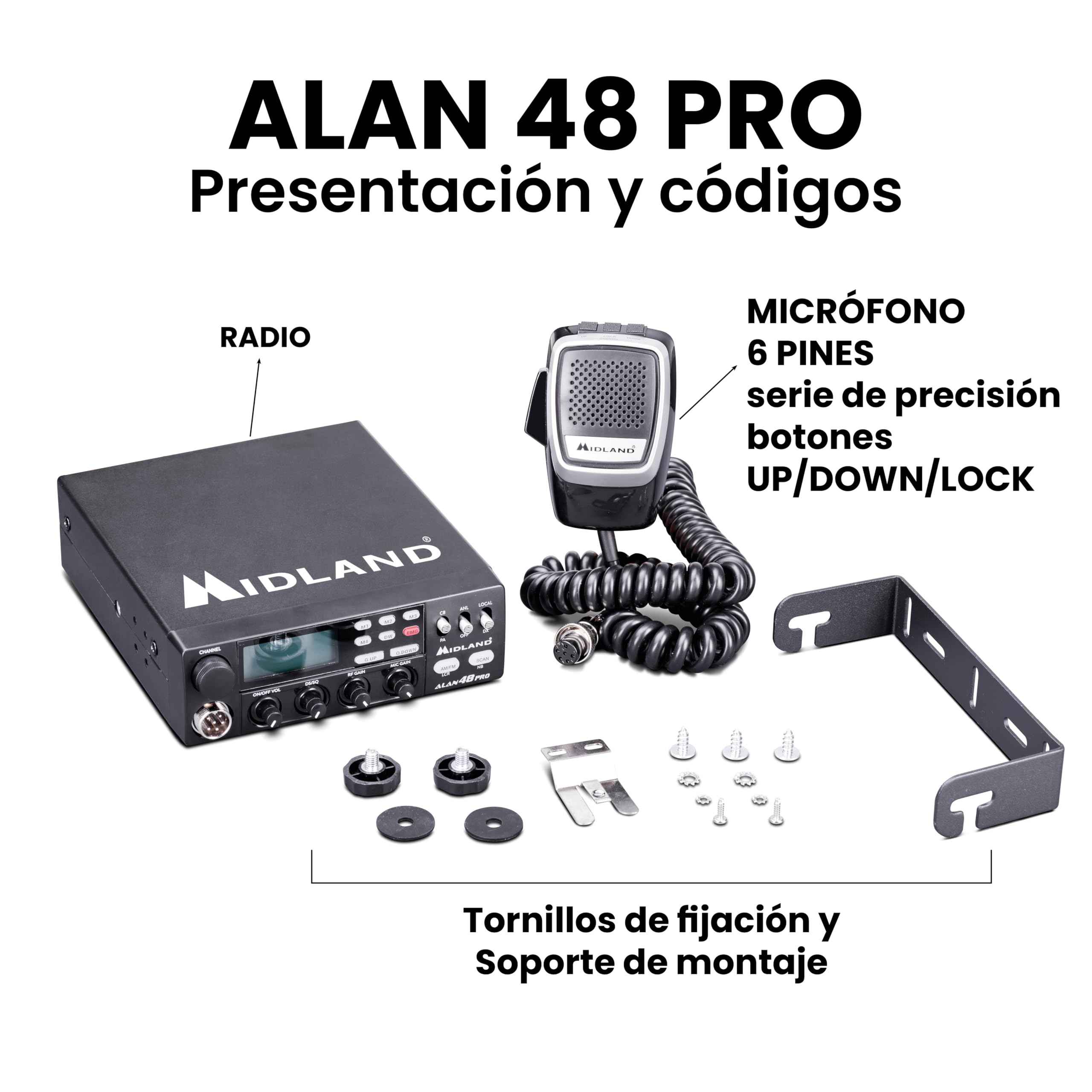 Midland - Emisora CB ALAN 48 PRO, Radioaficionado Multibanda para Vehículo sin Licencia, Potencia Ajustable 1W/4W, Pantalla LCD, SCAN, Dual Watch, RF Gain, Filtros ANL y Noise Blanker, Micrófono 6 Pin