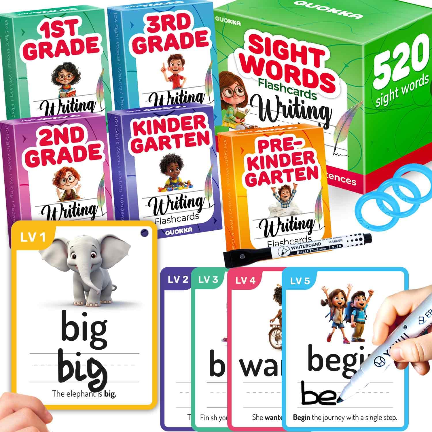 QUOKKA 520 Sight Words Flash Cards for Kids - 5 Levels Pre-K to 3rd Grade - Bold Font & Jumbo Size - Reusable Cards Color - Coded with Rings for Sorting - Based on Dolch & Fry Word Lists