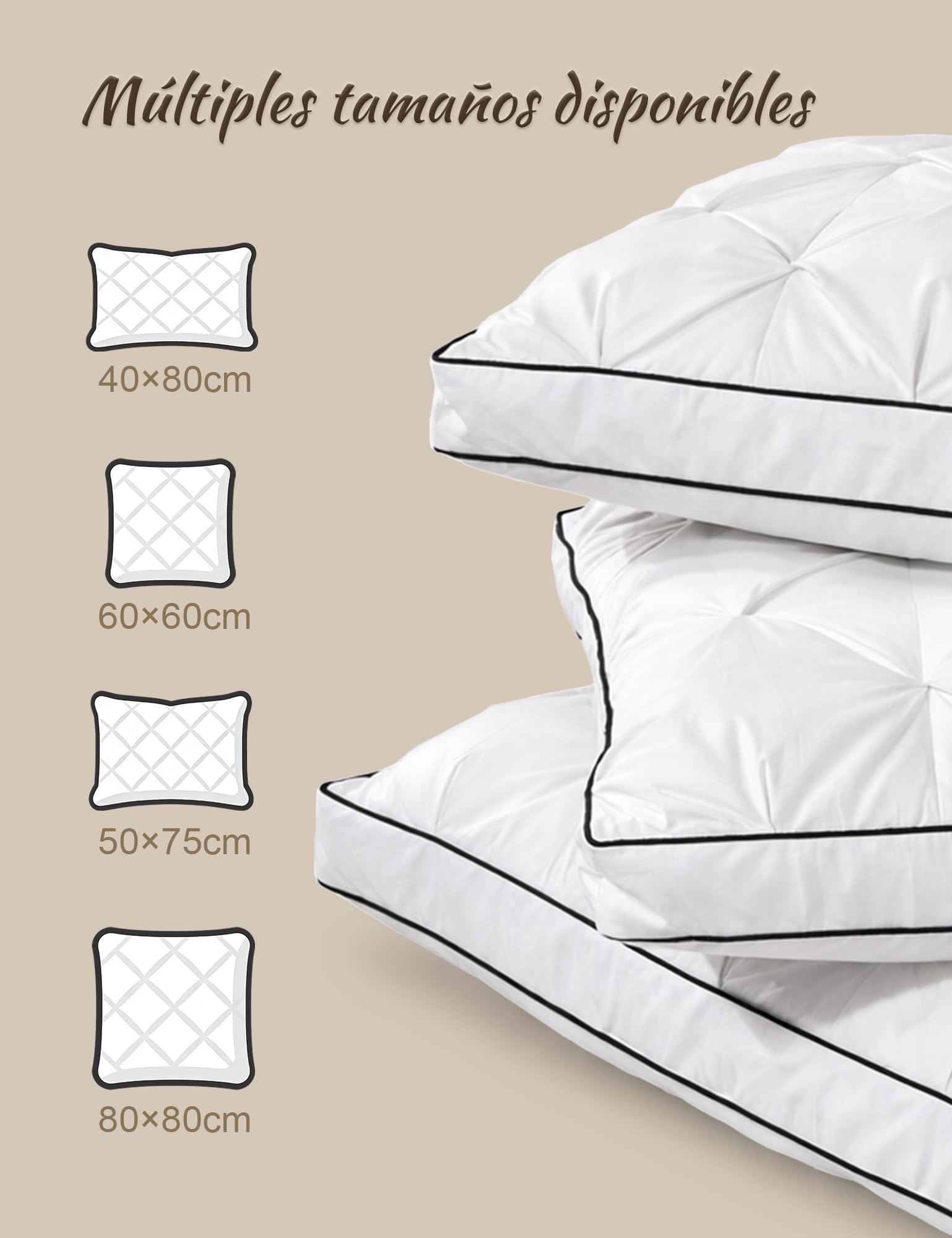 BPC Almohada de plumón 40x80 cm Pack de 2, Almohada 3 Cámaras con 90% Plumón Exterior y Relleno Que Contiene Plumas, Suave con Buen Soporte, Funda 100% algodón orgánico, Lavable