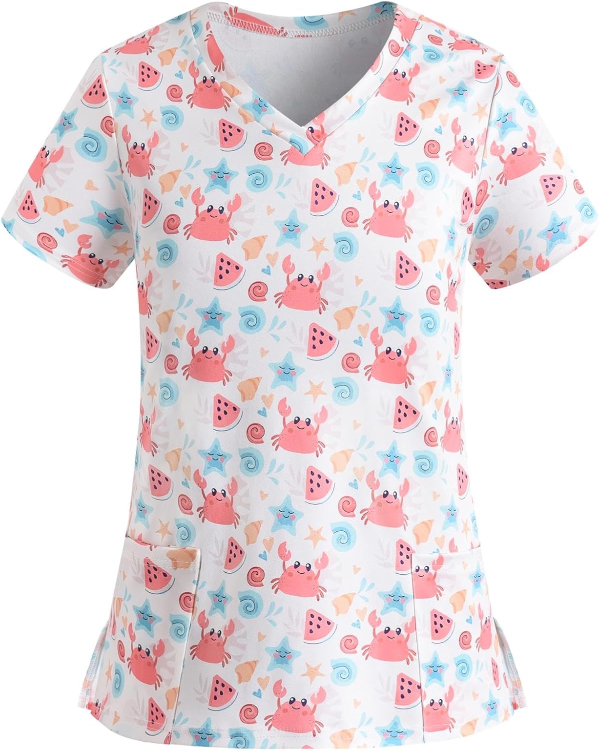 Scrub Tops for Women Short Sleeve V-Neck Holiday Nursing Workwear