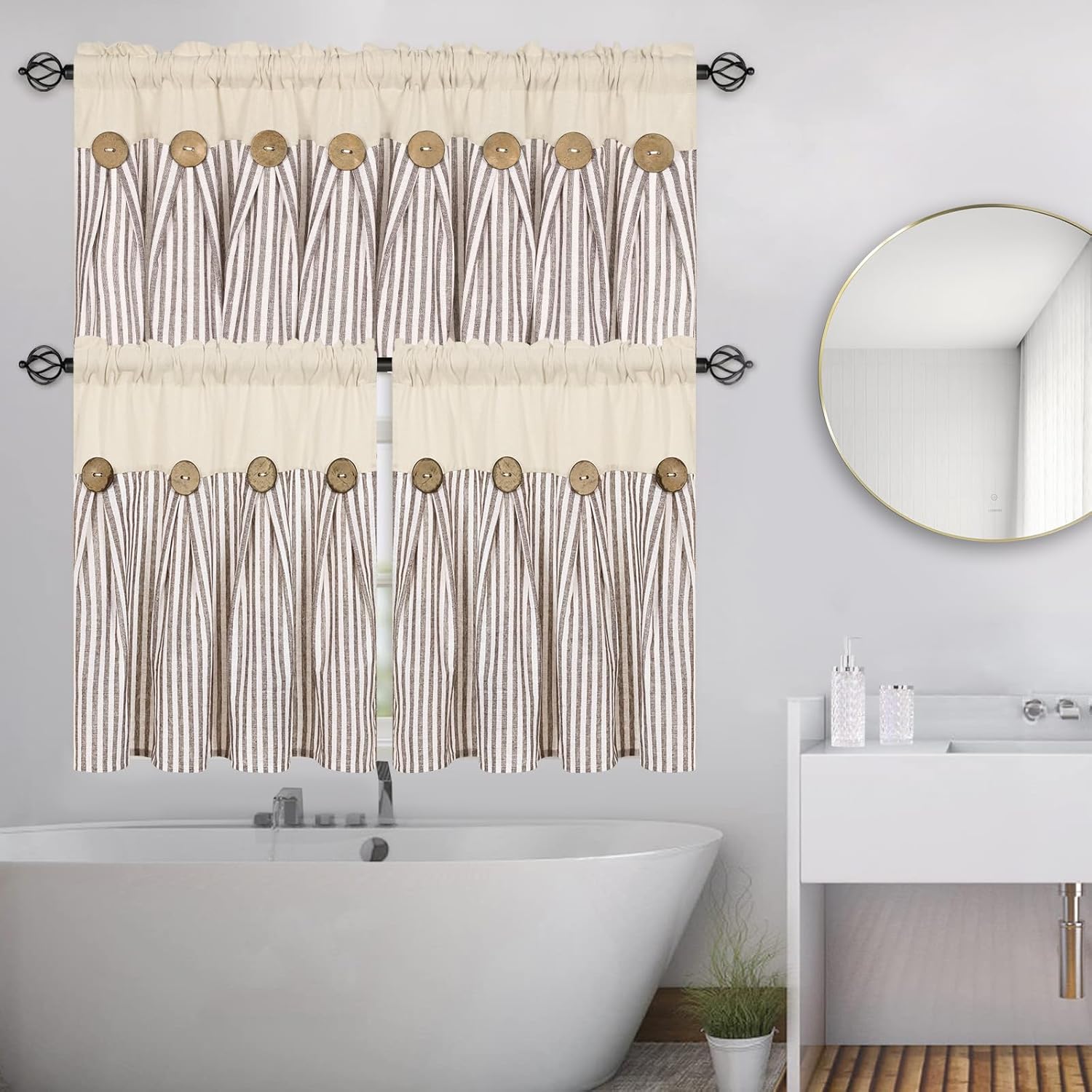 ASPMIZ Cotton Linen Kitchen Curtains and Valances Set, Boho Rustic Button Valances for Windows Farmhouse Style Striped Window Treatments Curtain Valance for Bathroom, 52x18 and 26x24 Inches, Brown